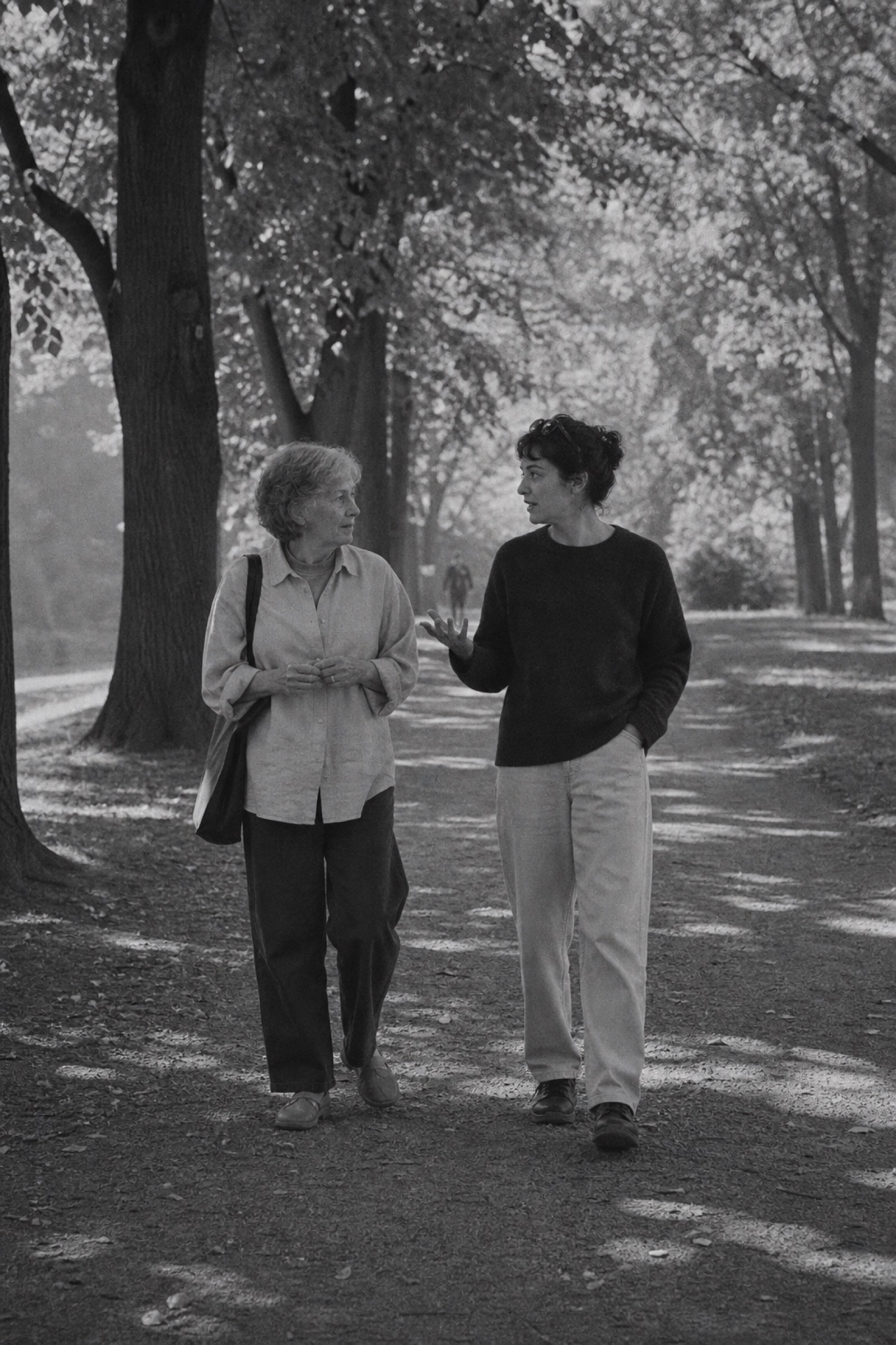 Two friends of different ages walking a tree-lined park path, mid-conversation